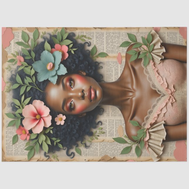 Papier Mousseline Black Woman Floral Portrait Decoupage Paper (Recto)