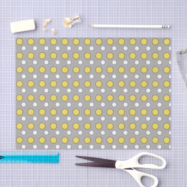 Papier Mousseline Blanc jaune et gris avec pois (Artisanat)
