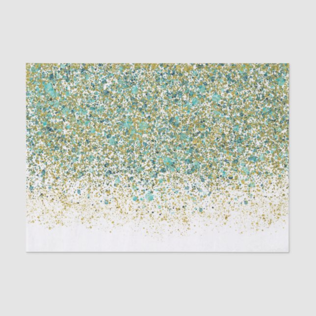 Papier Mousseline Blanc Or et Bleu Sarcelle Paillettes Moderne Glamo (Recto)