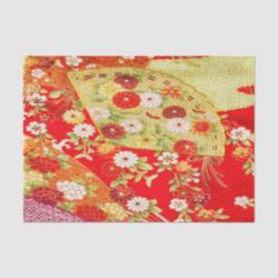 Papier Mousseline Blanc Or Rouge Japonais Kimono Floral Découpage