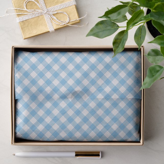 Papier Mousseline Blanc shabby chic gingham bleu ciel cyan (Cadeau)