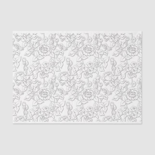 Papier Mousseline Blanc sur blanc Rose moderne Damask Floral (Recto)