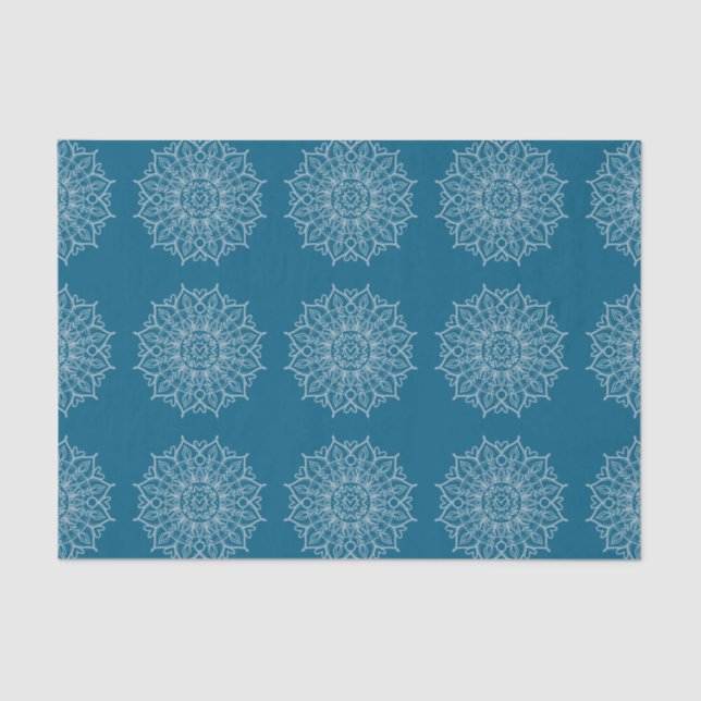 Papier Mousseline Blanc Turquoise bleu moderne Mandala Boho Découpag (Recto)