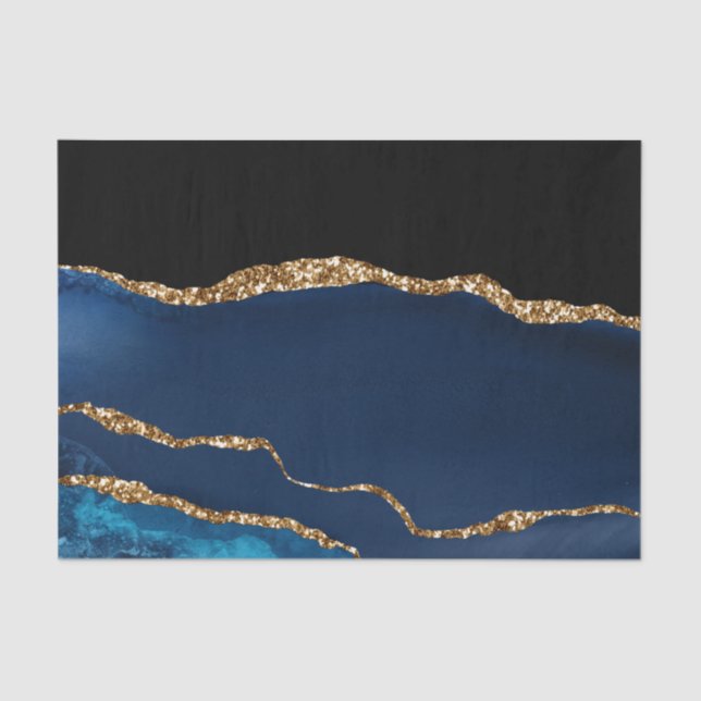 Papier Mousseline Bleu Agate Marbre brillant Parties scintillant dor (Recto)