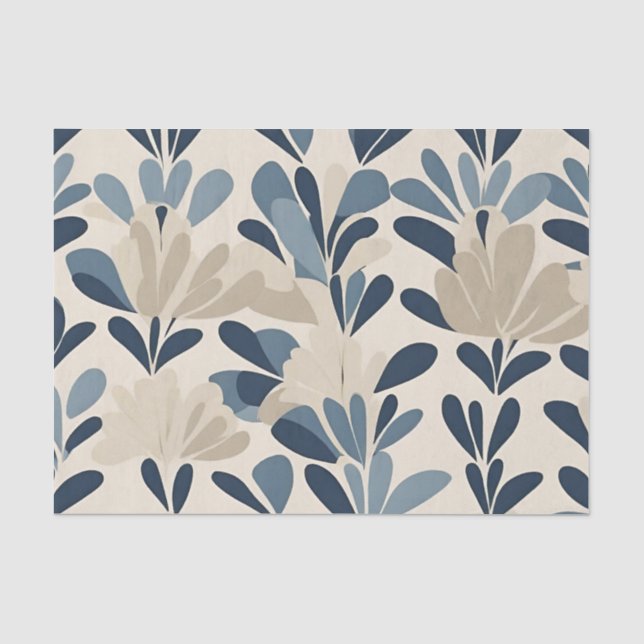 Papier Mousseline Bleu Beige Mi-Siècle Floral moderne (Recto)