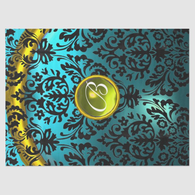 PAPIER MOUSSELINE BLEU BLACK DAMASK JAUNE MONOGRAM EN PIERRE JAUNE F (Recto)
