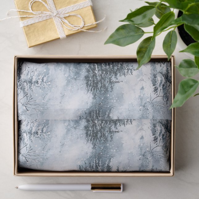 Papier Mousseline Bleu Blanc hiver Neige Arbres de Noël (Cadeau)