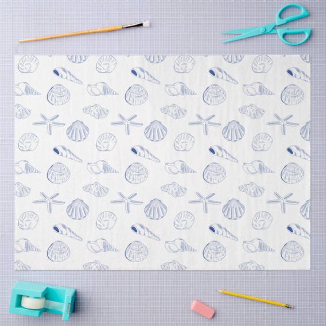 Papier Mousseline Bleu blanc Main dessinée Sea Shells Plage Été (Artisanat)