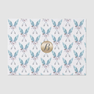 Papier Mousseline Bleu Boho Bohème Plume Monogramme Personnalisé