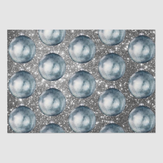 Papier Mousseline Bleu Chic Boules de Noël Argent Étincelles (Recto)