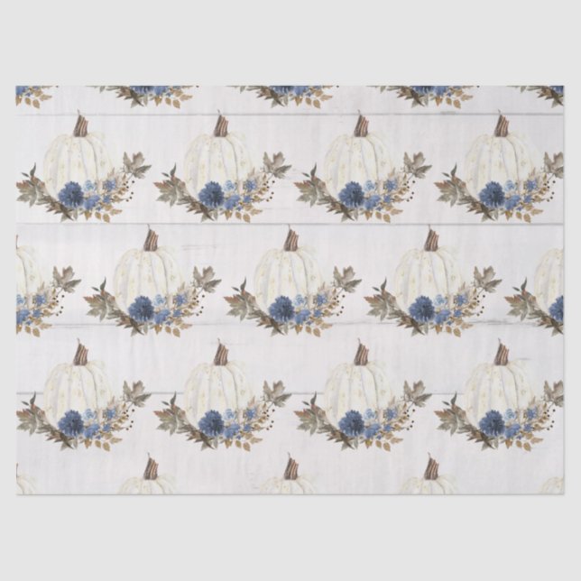 Papier Mousseline Bleu Citrouille blanc Floral w Feuilles d'automne  (Recto)