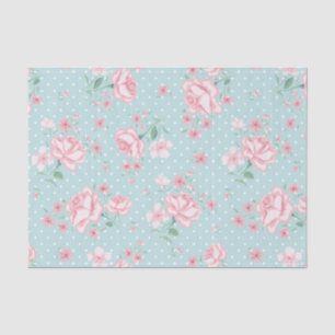 Papier Mousseline bleu de poudre, rose, point de polka, floral,