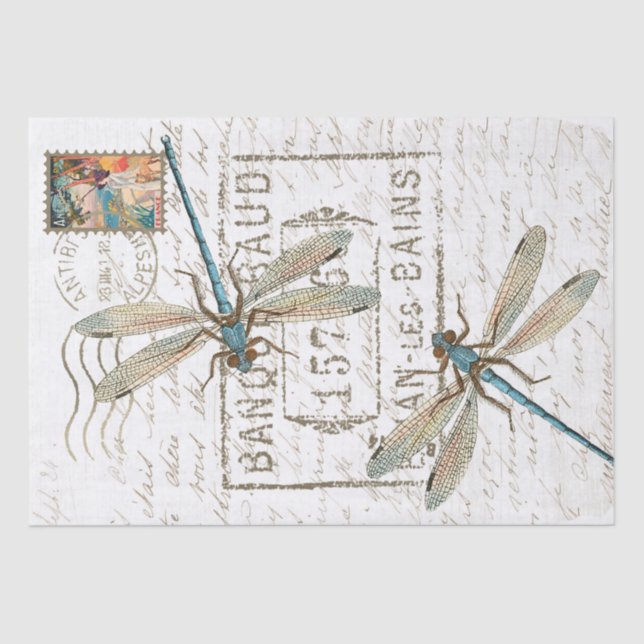 Papier Mousseline Bleu Dragonfly French Script Postmark Decoupage (Recto)