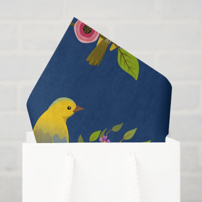 Papier Mousseline Bleu Floral Bird Imprimer (Sac cadeau)