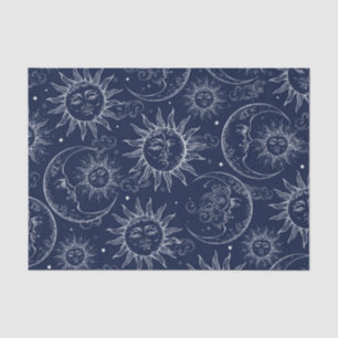 Papier Mousseline Bleu Magique Vintage Céleste Soleil Lune Étoiles