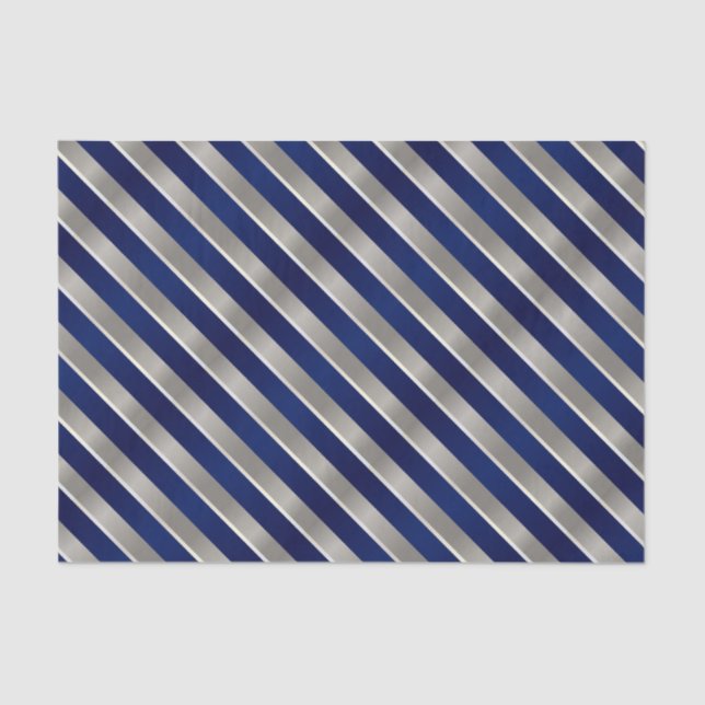 Papier Mousseline Bleu marine, argent et rayures diagonales blanches (Recto)