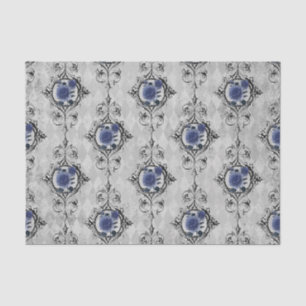 Papier Mousseline Bleu marine et argent Victorian Floral Damask