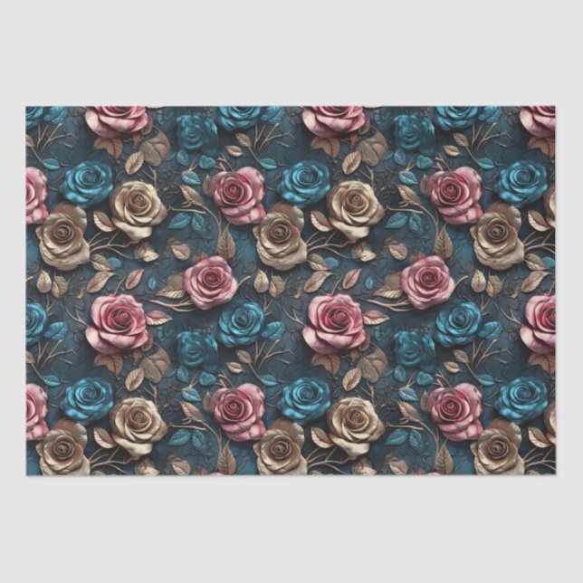 Papier Mousseline Bleu or rose jolie Roses (Recto)