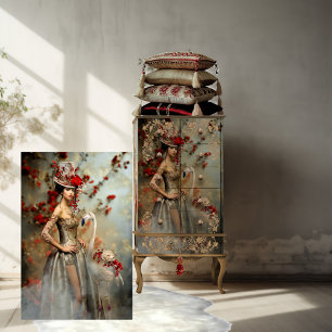 Papier Mousseline Bleu Poussiéreux & Fleurs Rouges, Art de Portrait 
