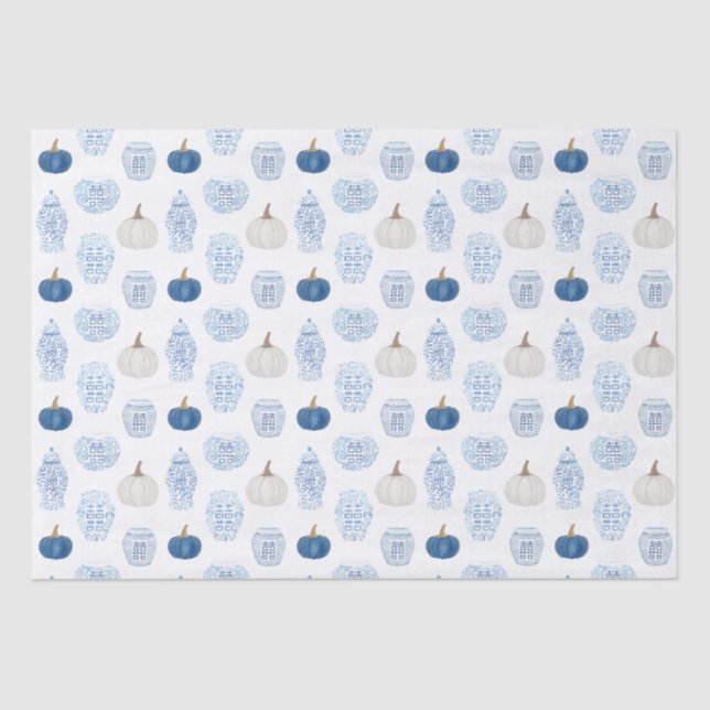 Papier Mousseline Bleu Préppy Et Blanc Citrouille Ginger Jars Chute (Recto)