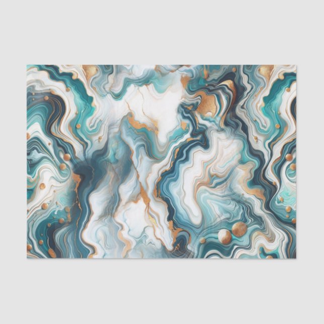 Papier Mousseline Bleu sarcelle or blanc moderne marbre agate mariag (Recto)