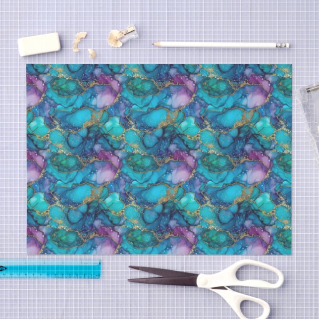 Papier Mousseline Bleu sarcelle violet or vert découpage aquarelle  (Artisanat)
