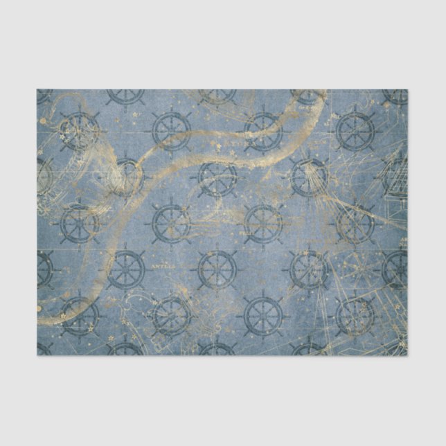 Papier Mousseline Bleu vintage et Gold Nautique (Recto)