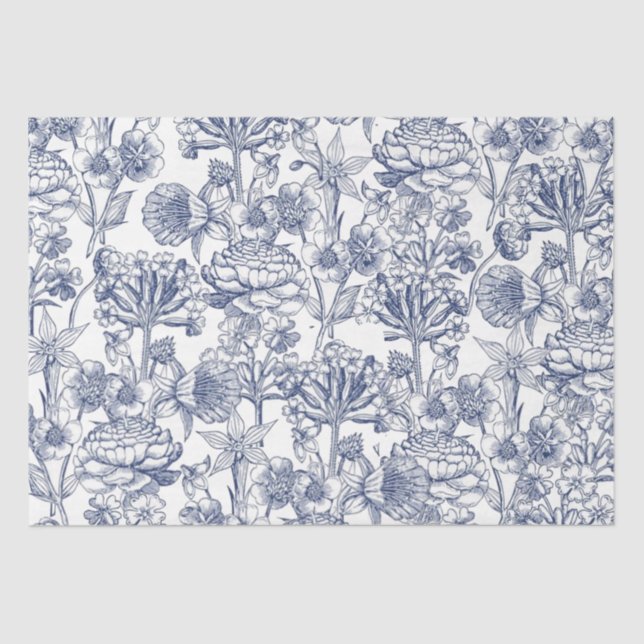 Papier Mousseline Bleu Vintage motif floral élégant (Recto)
