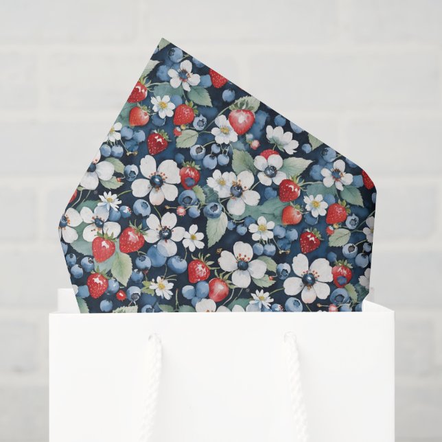 Papier Mousseline Bleuets Et Fraises Floral (Sac cadeau)