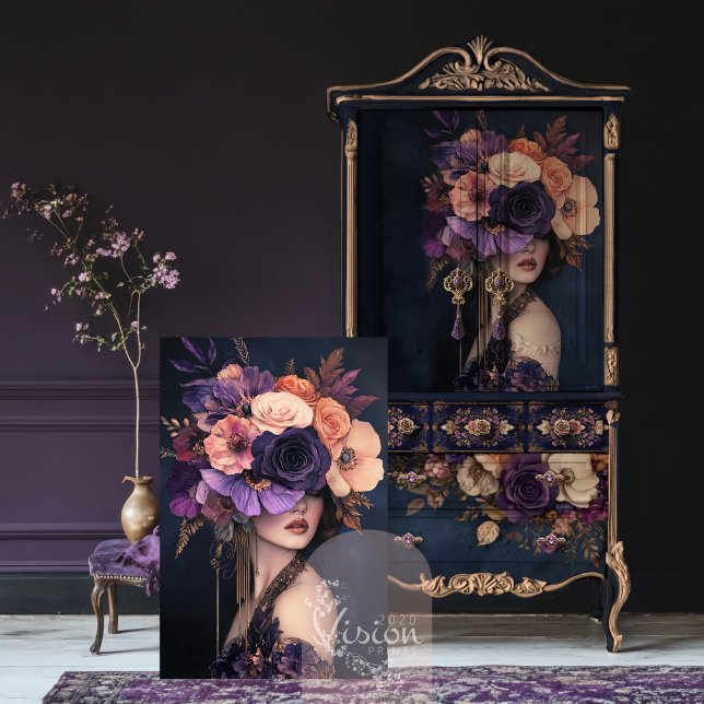 Papier Mousseline Blooms Mystiques, Portrait Moody & Floral (Adorned Woman, Moody Portrait and Dark Floral, Decoupage Tissue Paper.)