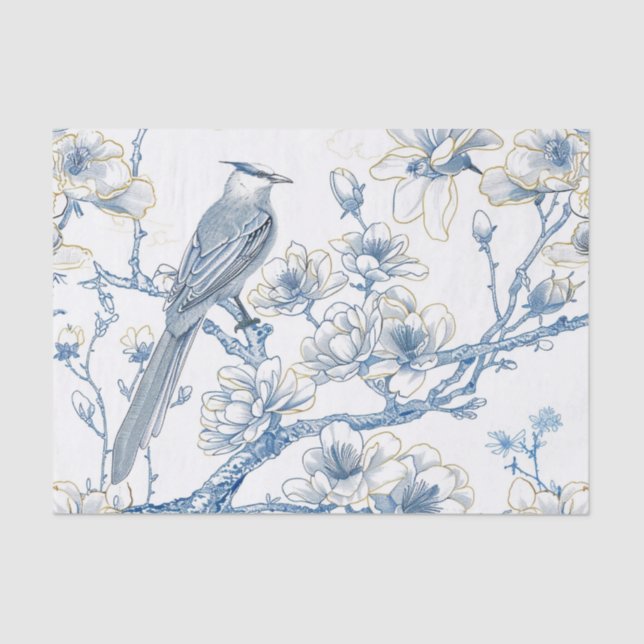 Papier Mousseline Blue and Gold Chinoiserie French-Toile Bird (Recto)