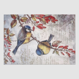 Papier Mousseline Blue Bird Red Berries French Script Decoupage