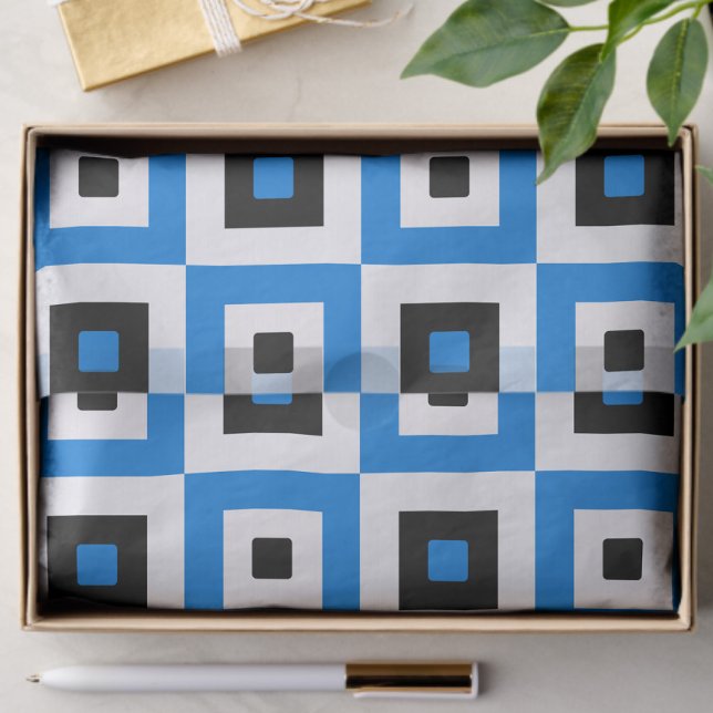 Papier Mousseline Blue Black and White Checkered Squares Pattern (Créateur téléchargé)