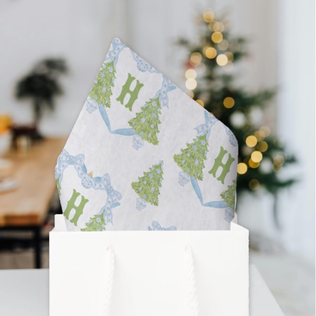 Papier Mousseline Blue Chinoiserie Arbre de Noël Monogram Crest (Créateur téléchargé)