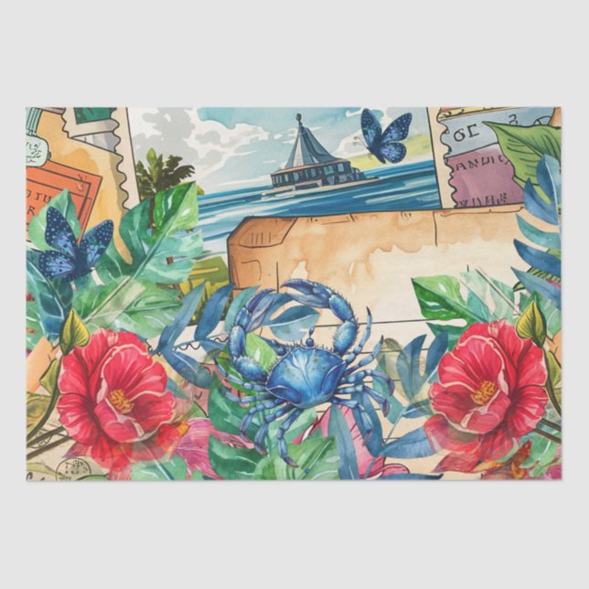 Papier Mousseline Blue Crab Tropical Florals & Butterflies (Recto)