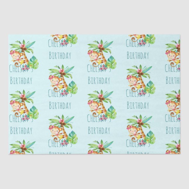 Papier Mousseline Blue Cute Monkey Personnalisé Joyeux anniversaire (Recto)