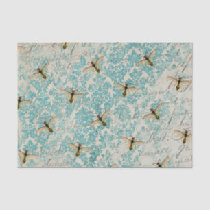 Papier Mousseline Blue Damask Bee Vintage
