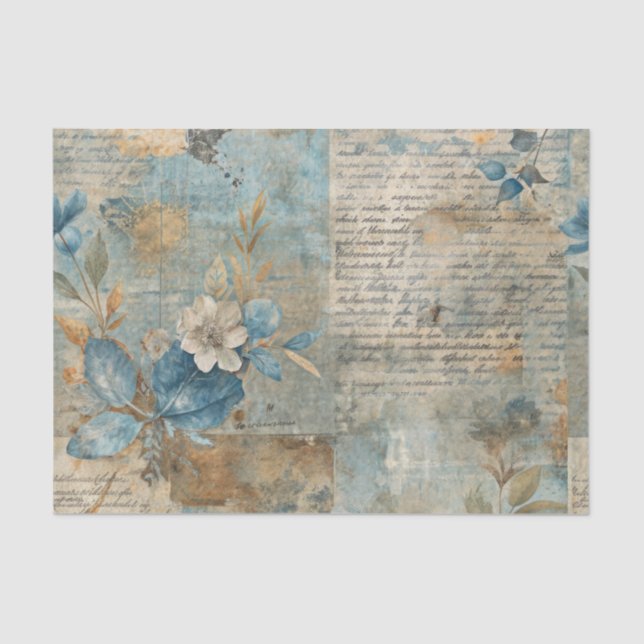 Papier Mousseline Blue Floral Grungy Distressed Ephemera Collage (Recto)