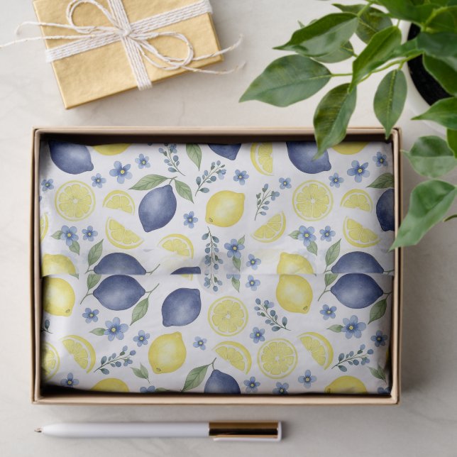 Papier Mousseline Blue French Country Lemon Pattern (Cadeau)