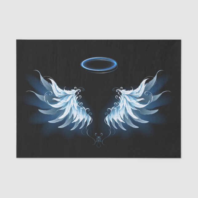 Papier Mousseline Blue Glowing Angel Wings on black background (Recto)