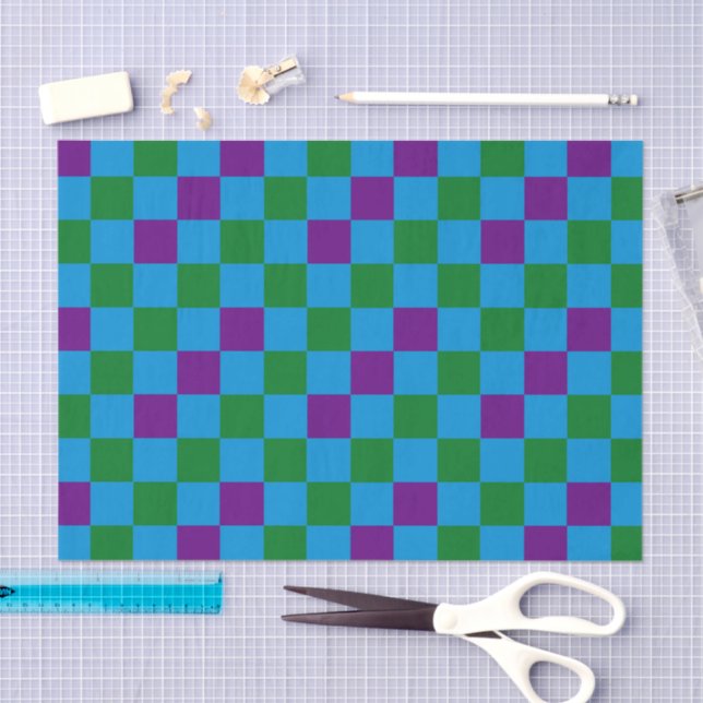 Papier Mousseline Blue Green Purple Checkered Pattern Design  (Artisanat)