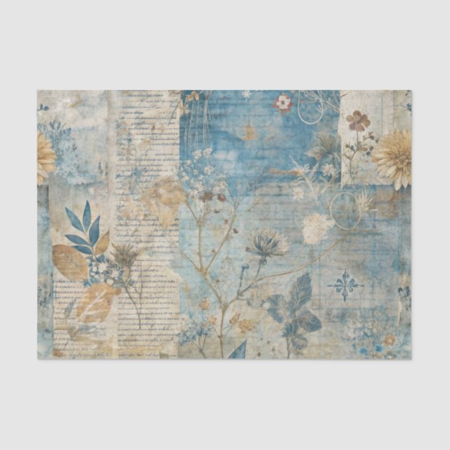 Papier Mousseline Blue Grungy Distressed Floral Ephemera Collage (Recto)