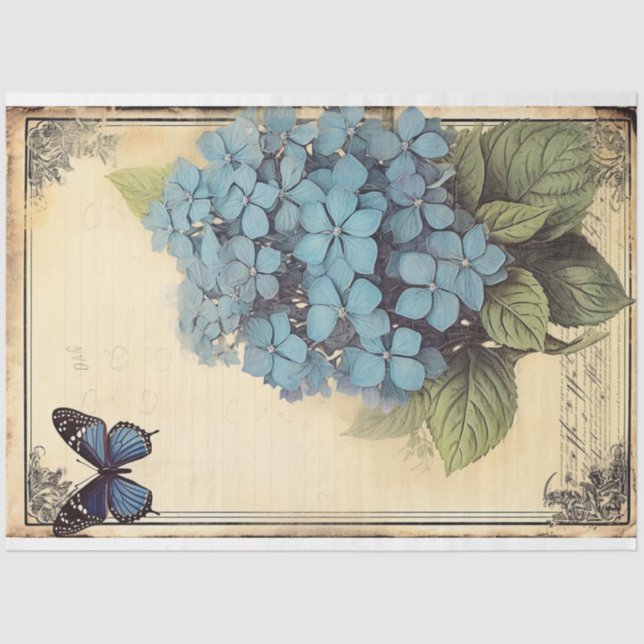 Papier Mousseline Blue Hydrangea fleur et papillon éphémère art (Recto)