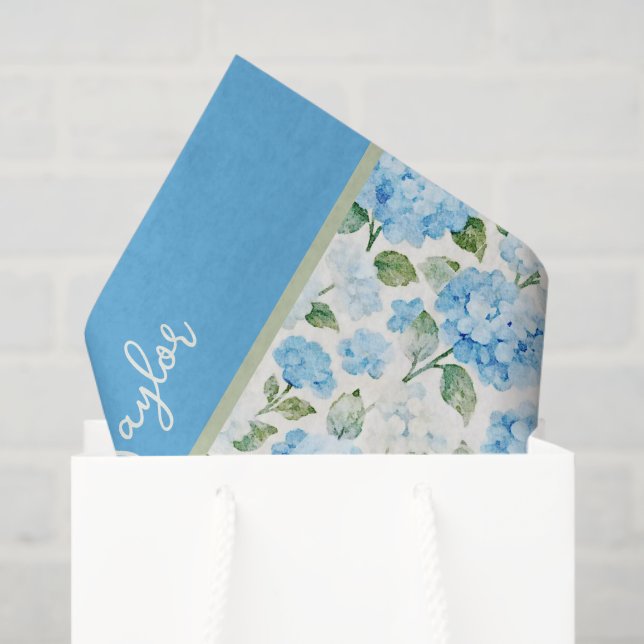 Papier Mousseline Blue Hydrangea Watercolor Floral Name (Sac cadeau)
