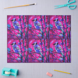 Papier Mousseline Blue Jay Bird Art Abstrait Pink Decoupage