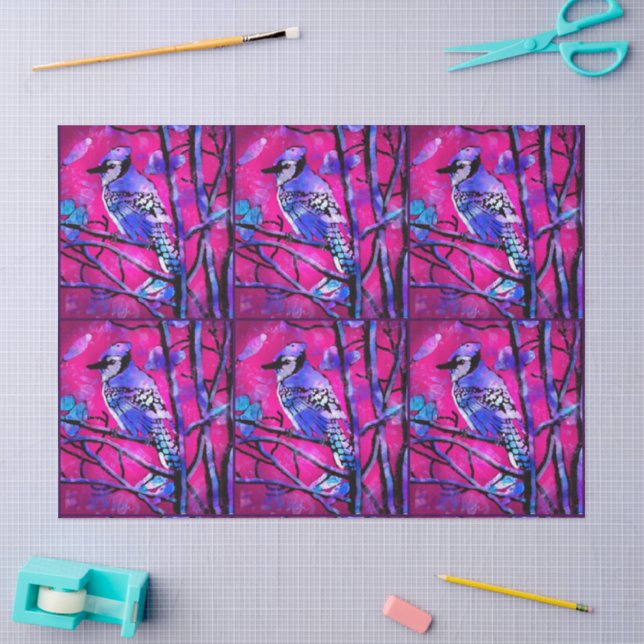 Papier Mousseline Blue Jay Bird Art Abstrait Pink Decoupage (Artisanat)