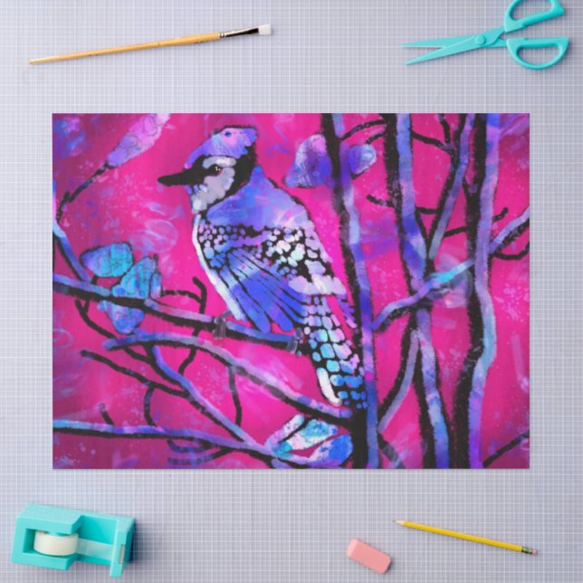 Papier Mousseline Blue Jay Bird Art Abstrait Pink Decoupage (Artisanat)