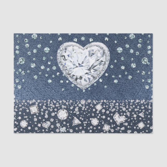 Papier Mousseline Blue Jean Denim & Diamonds Bling Diamond Heart (Recto)