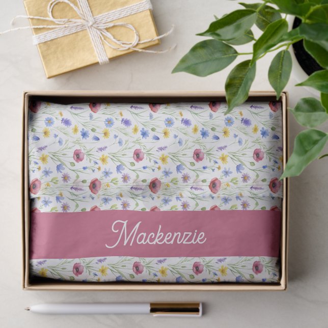 Papier Mousseline Blue Pink Wildflower Watercolor Tissue Paper (Cadeau)