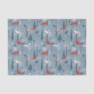 Papier Mousseline Blue Red moderne Nordic Winter Foxes Birds Motif